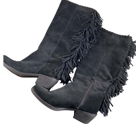 Reba Shoes - Reba Black Suede Leather Fringe‎ Knee High Western Cowgirl Boots Size 8M